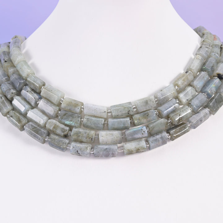 White Labradorite beads, faceted tube shape, 12x8mm.
