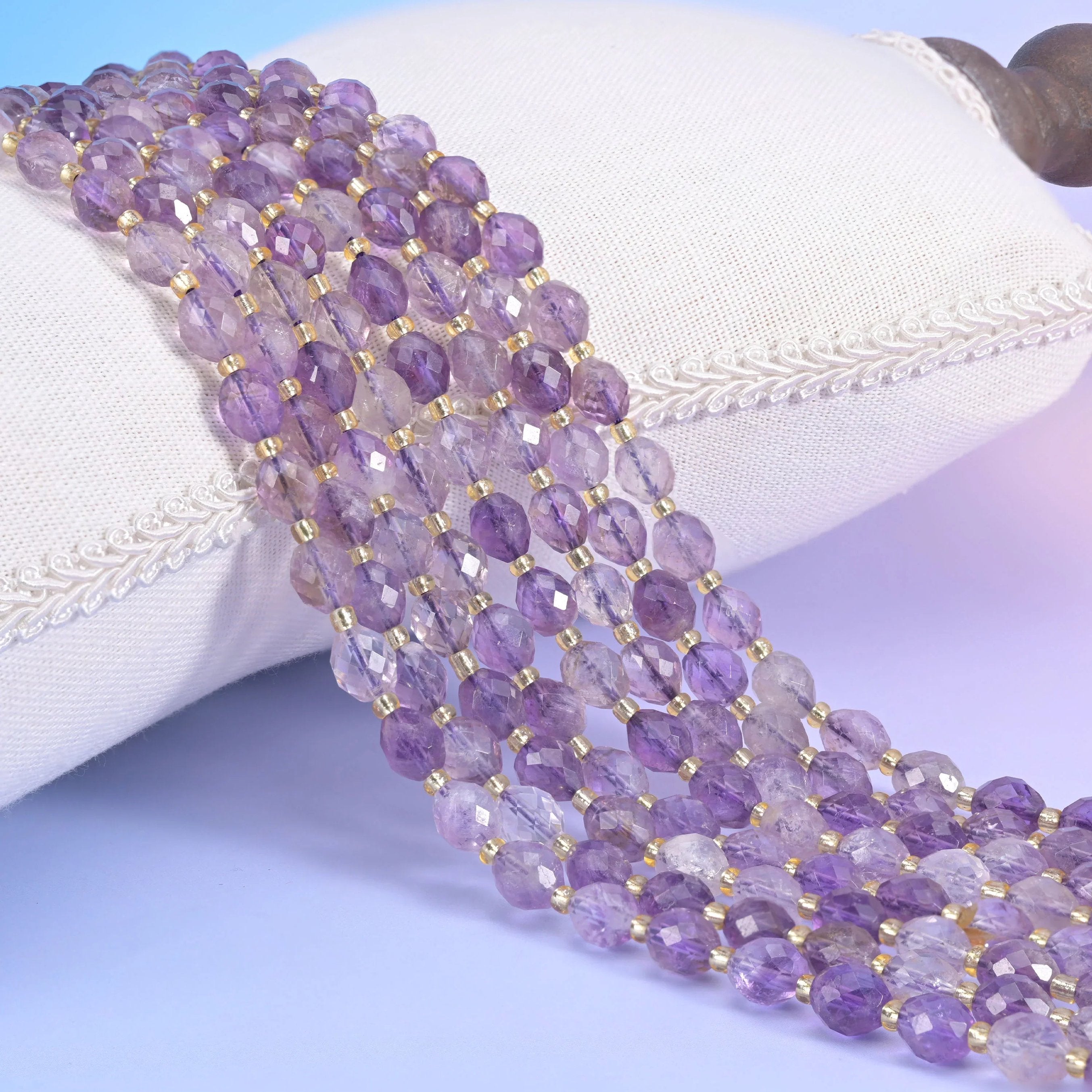 Amethyst Rutilated Quartz Faceted Rice Barrel Beads