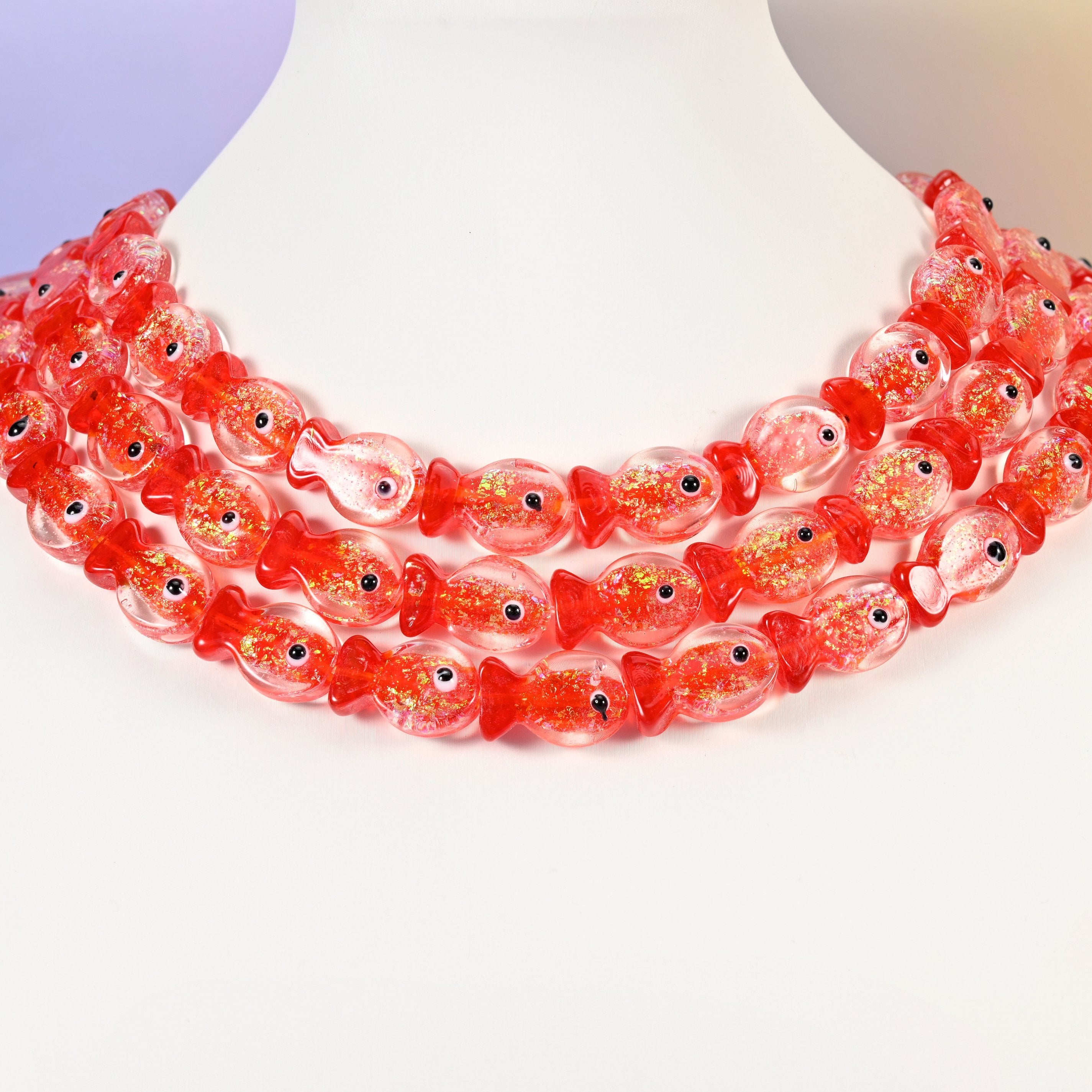 Red fish glass beads, 19x12mm