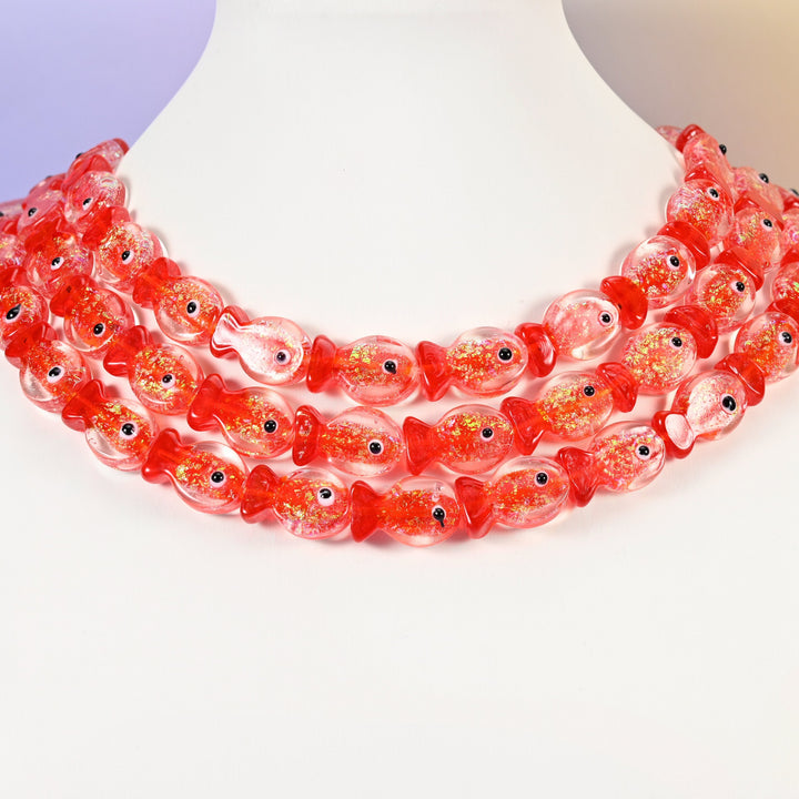 Red fish glass beads, 19x12mm