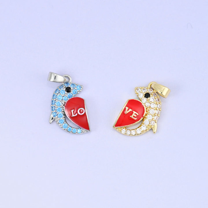 Magnetic Enamel Dolphin Love Zircon Pendants: 18K Gold Plated, Jewelry Making Supply