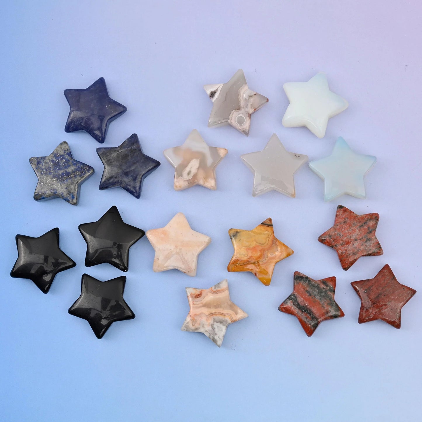 Gemstone Star featuring Black Labradorite, Black Obsidian and Clear Quartz among 36 mixed stones.