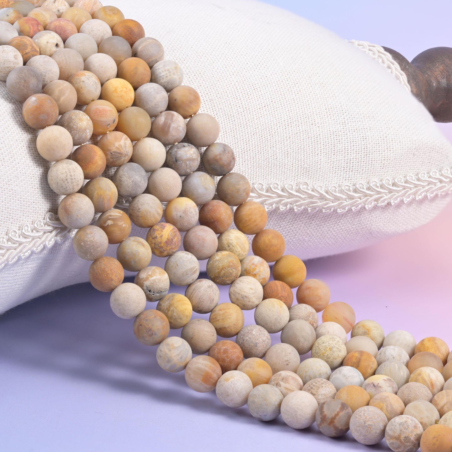 Fossil Coral matte round beads in sandy cream, honey and pale grey