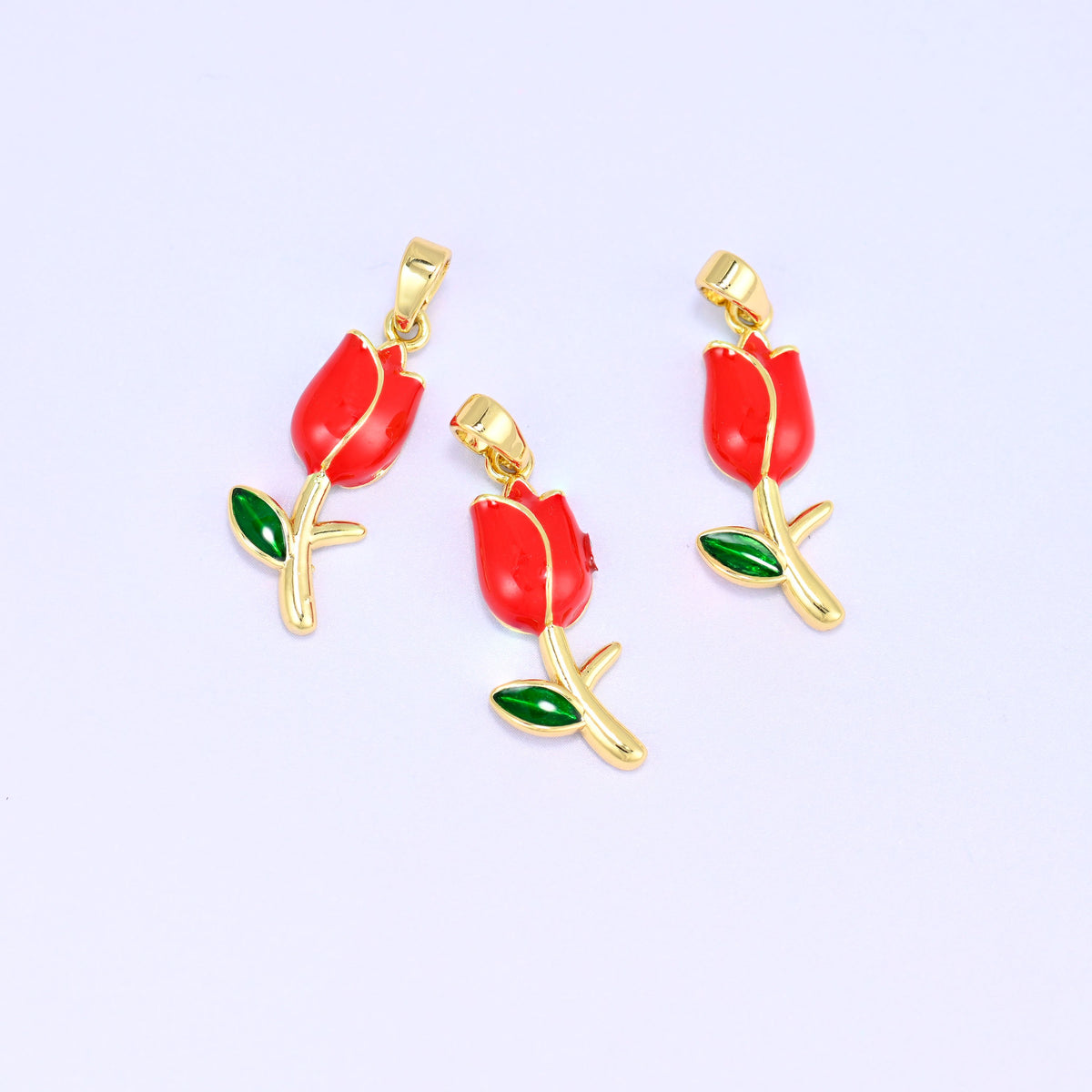 Enamel tulip charms in red, 18K gold plated brass with green enamel leaf, three 22.08 x 8.60mm flower pendants