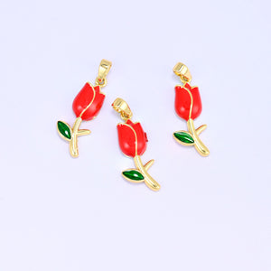 Enamel tulip charms in red, 18K gold plated brass with green enamel leaf, three 22.08 x 8.60mm flower pendants