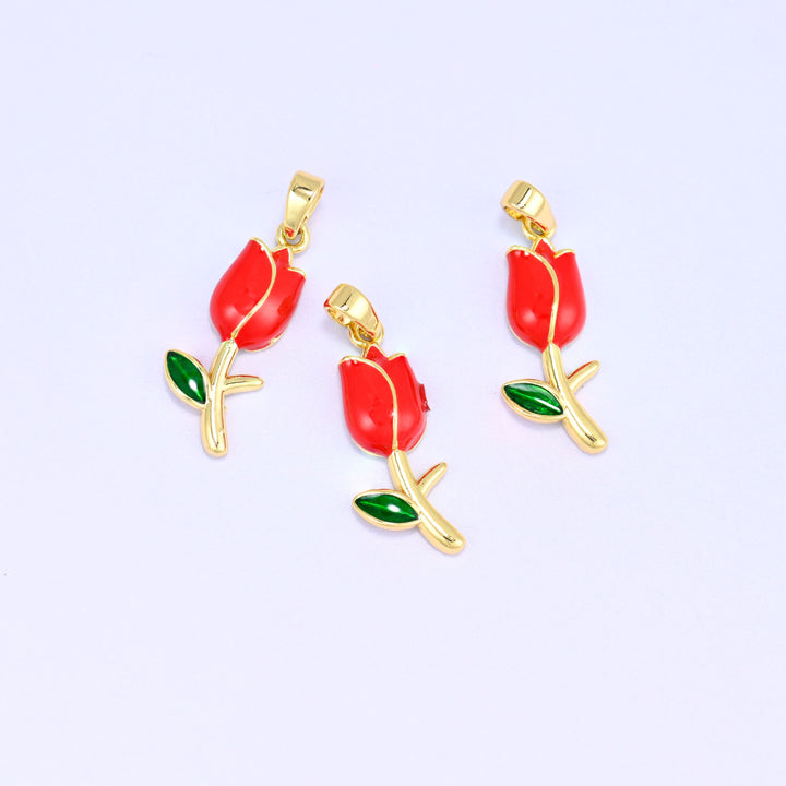 Enamel tulip charms in red, 18K gold plated brass with green enamel leaf, three 22.08 x 8.60mm flower pendants