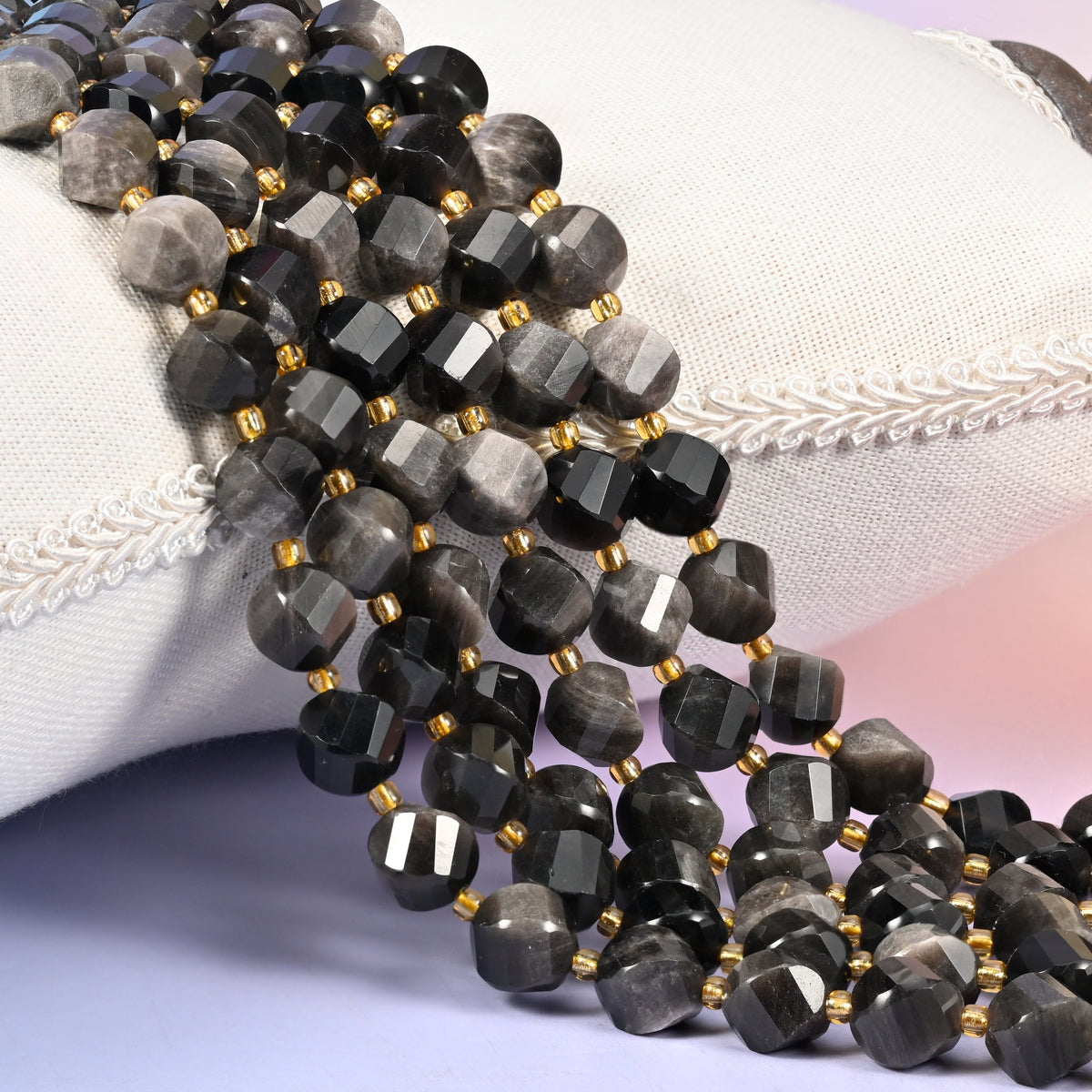 Silver Obsidian natural stone beads, 10mm faceted spiral twist, charcoal through to jet black with a soft silvery sheen