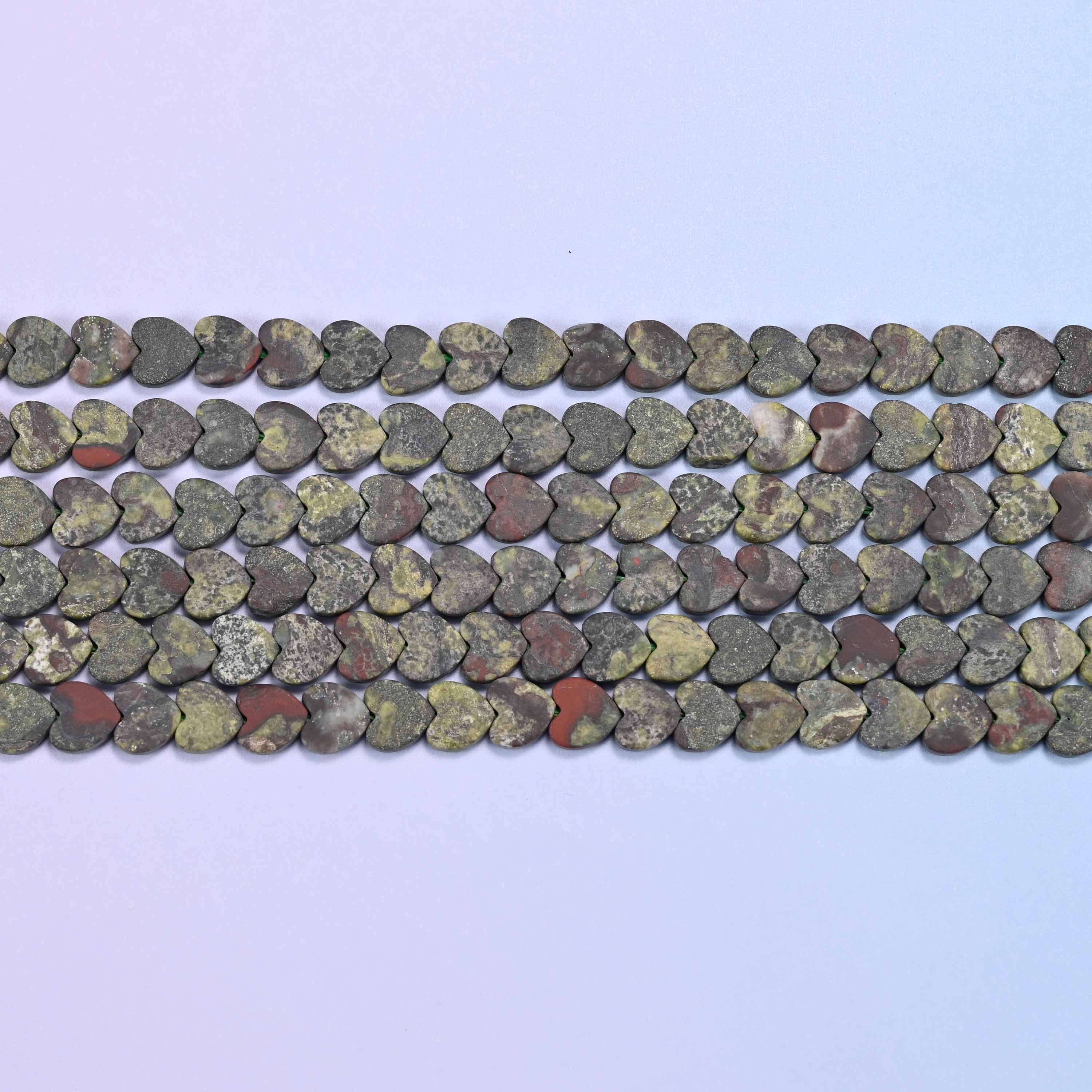 Matte Dragon Bloodstone Flat Heart Beads: Size 6mm, Jewelry Making, 15 Inch Strand