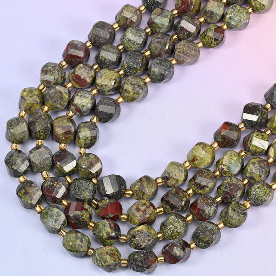 Dragon Bloodstone natural stone beads, many-sided spiral twist cut catching light on every facet, 10mm