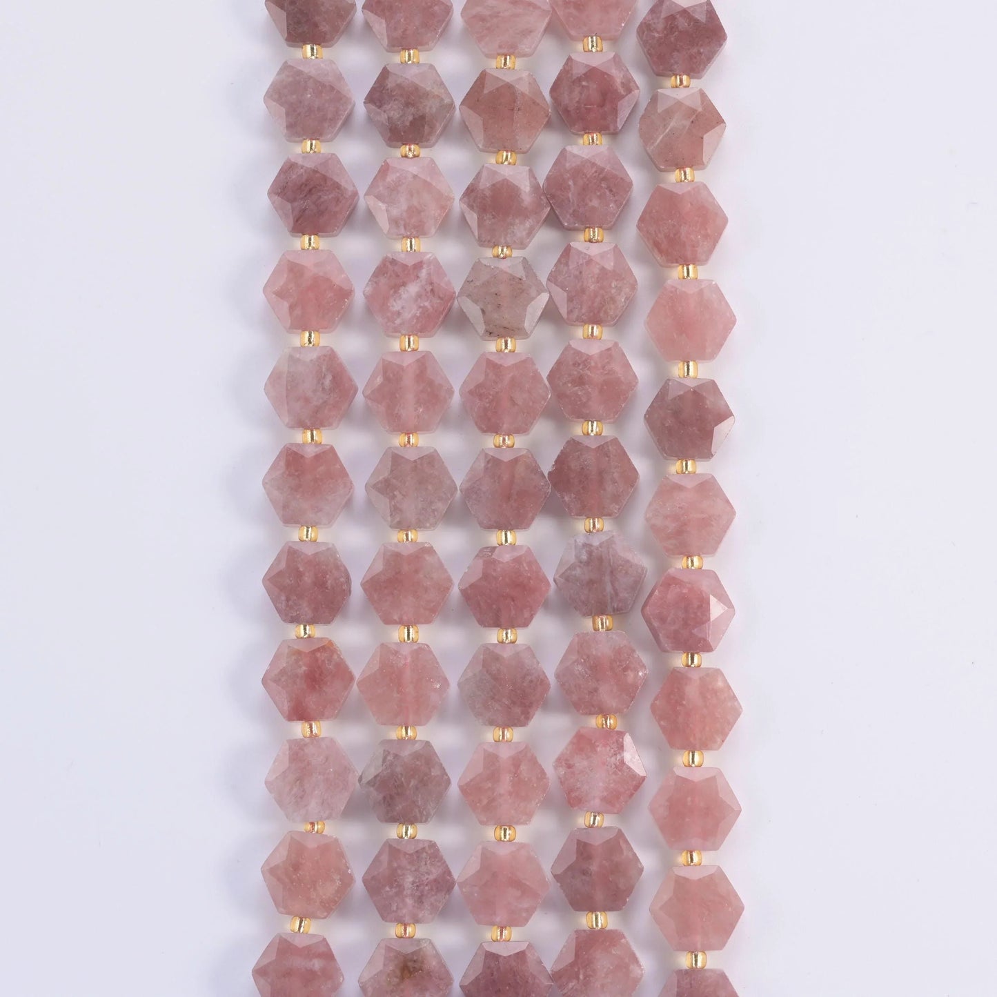 Strawberry Jade hexagon beads, 15.5 inch strand.