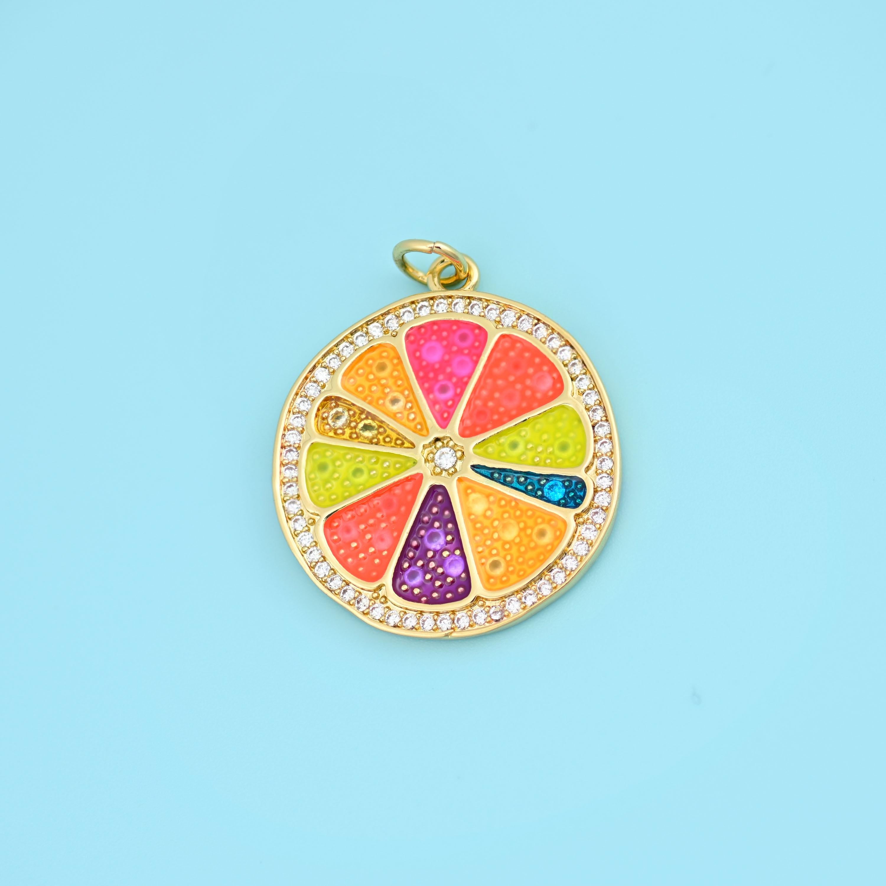 18K Gold Filled Enamel Zircon Citrus Slice Pendant 25x22mm