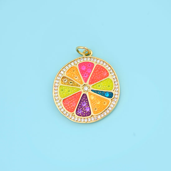 18K Gold Filled Enamel Zircon Citrus Slice Pendant 25x22mm
