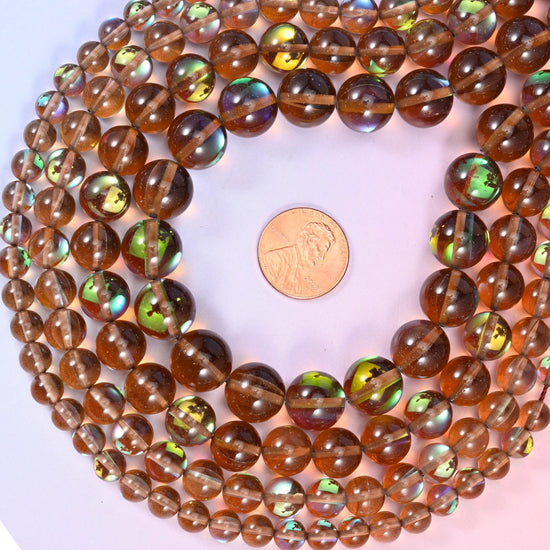 Mystic Aura Brown Round Glass Beads, sold per 15 inch strand