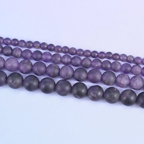 Amethyst Matte Frosted Round Beads 4mm 6mm 8mm 10mm in medium violet purple with paler lavender and grey-white banding