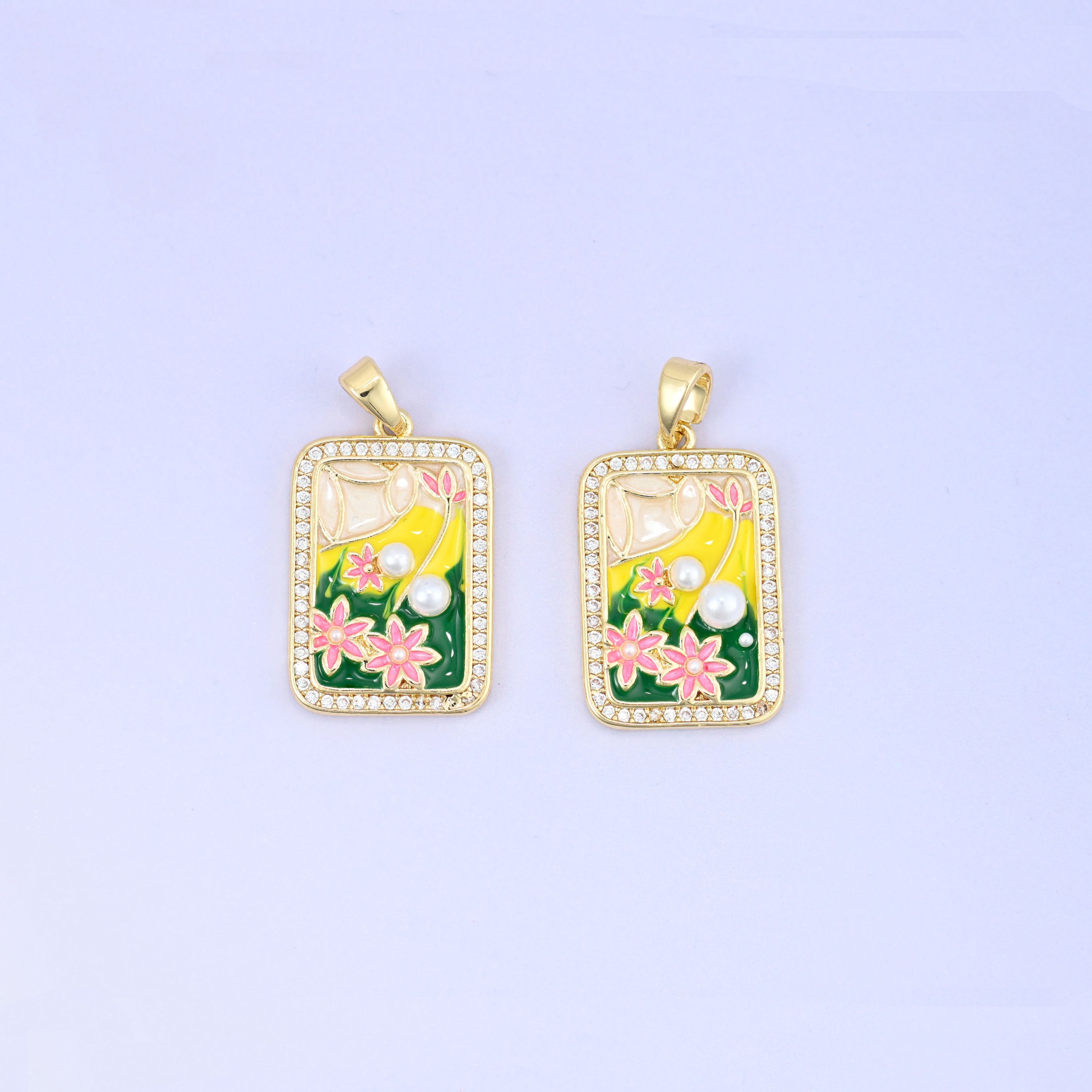 Flower Pearl Zircon Rectangle Pendants: 18K Gold Plated Charms, Jewelry Making Supply