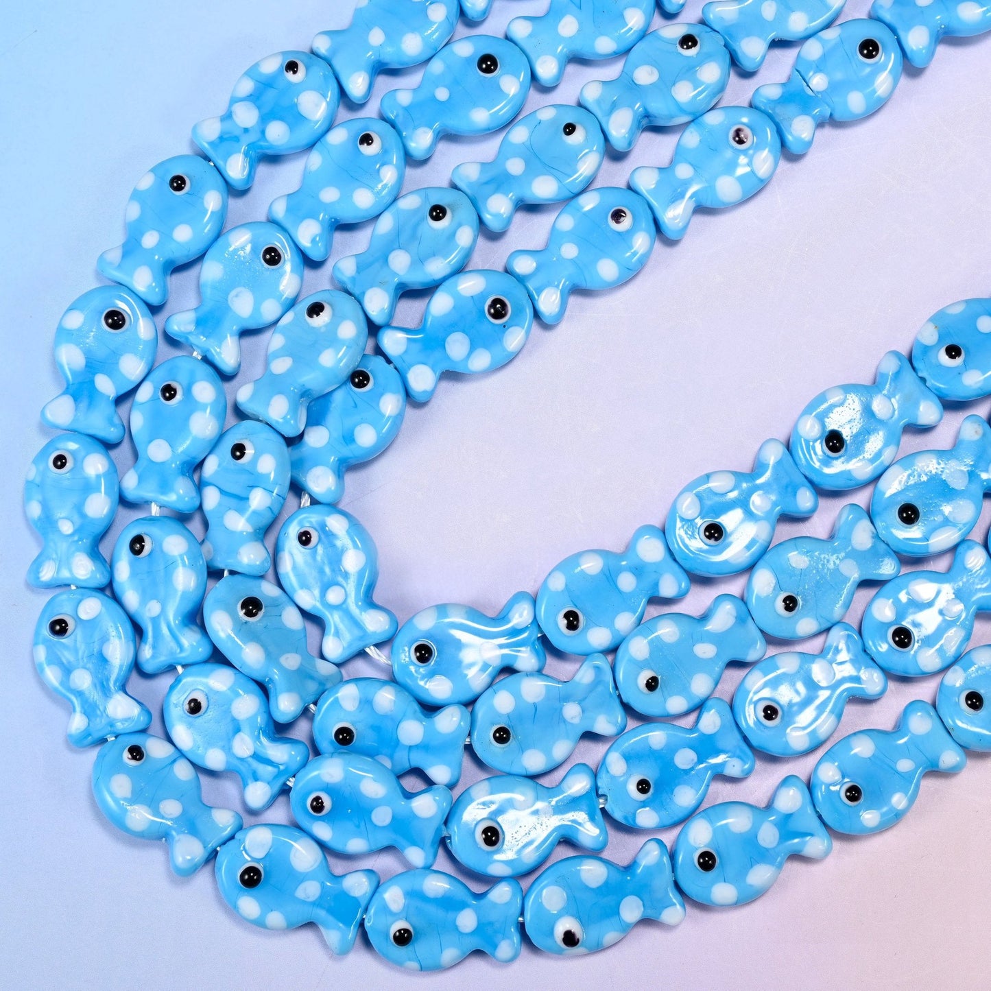 Sky Blue with White Dot Fish Glass Beads, 15.5 inch strand