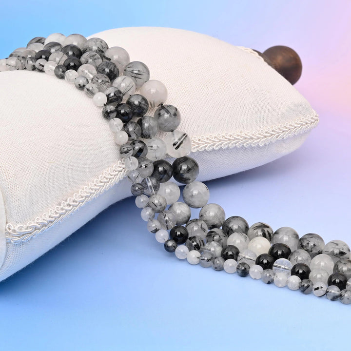 Black Rutilated Quartz Smooth Round Beads