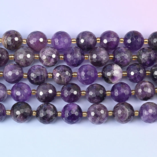 Amethyst Faceted Round Beads 16mm in deep violet with milky white and lavender banding