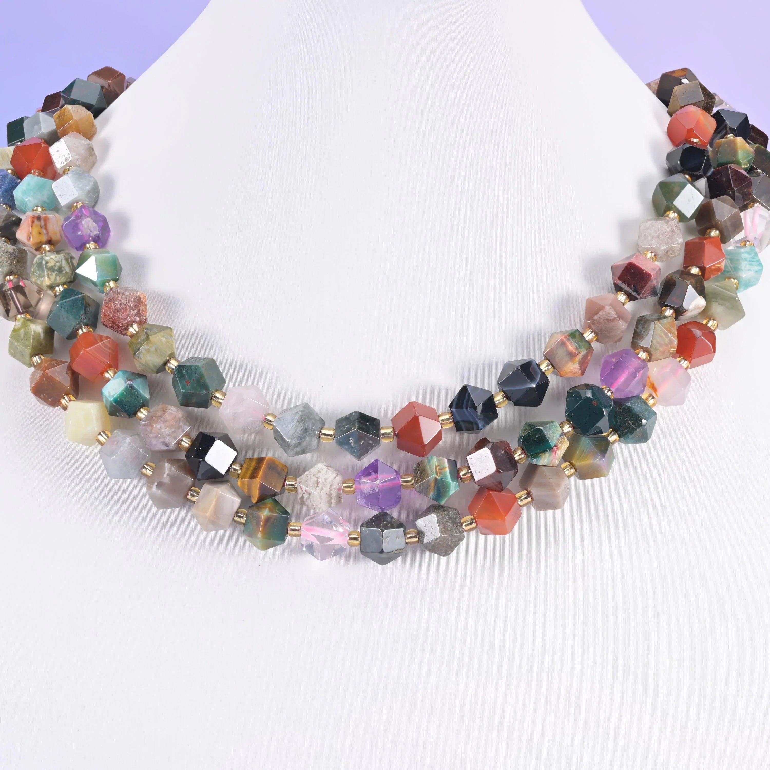 Assorted natural gemstones including tiger eye, red jasper and amazonite beads, faceted eight-sided diamond rhombus, 10mm