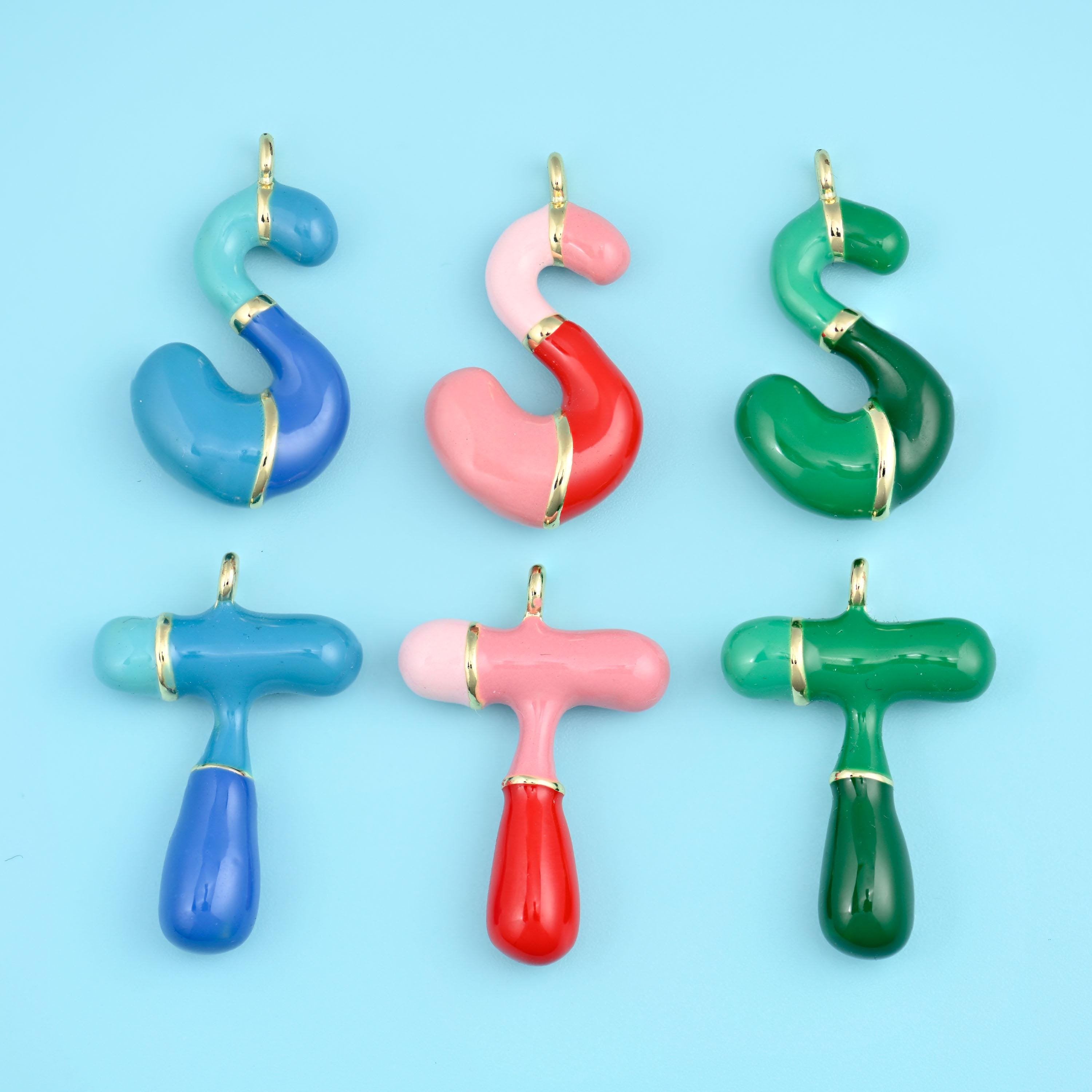 Fat rounded balloon letters glazed in glossy enamel - cornflower blue, blush pink, tomato red, mint and deep forest green -…