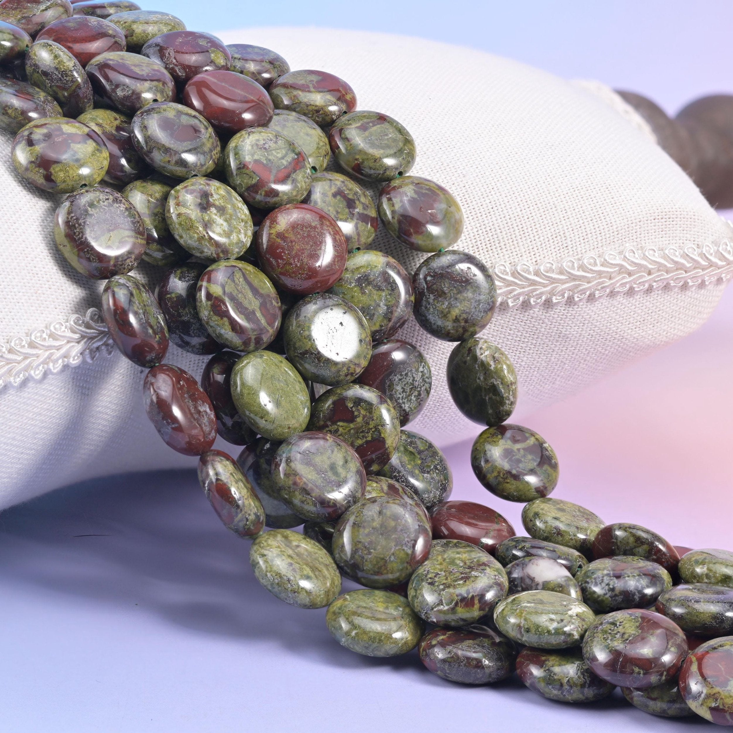 Dragon Bloodstone Smooth Coin Beads, natural stone in olive green and oxblood red