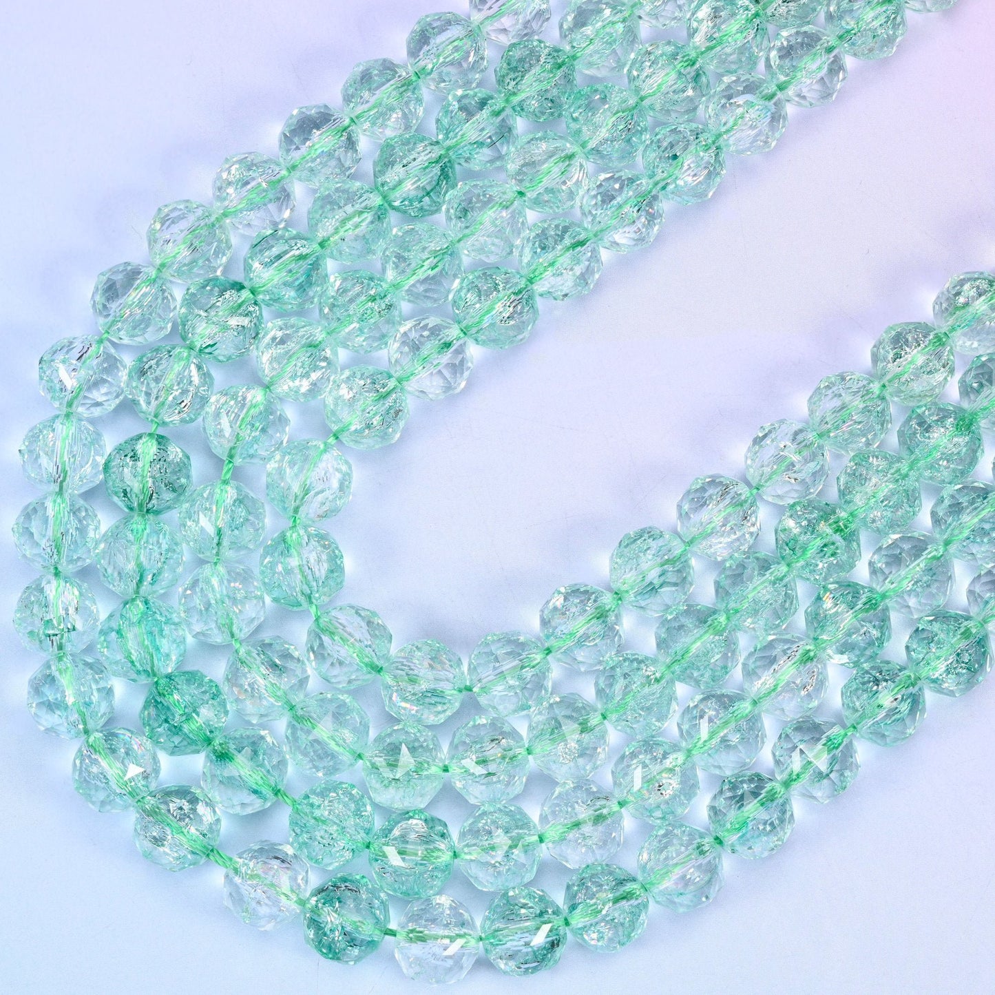 Transparent Green Faceted Round Glass Beads, 15 inch strand