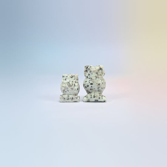 Owl crystal carving in kiwi jasper, white and green natural stone with black spots