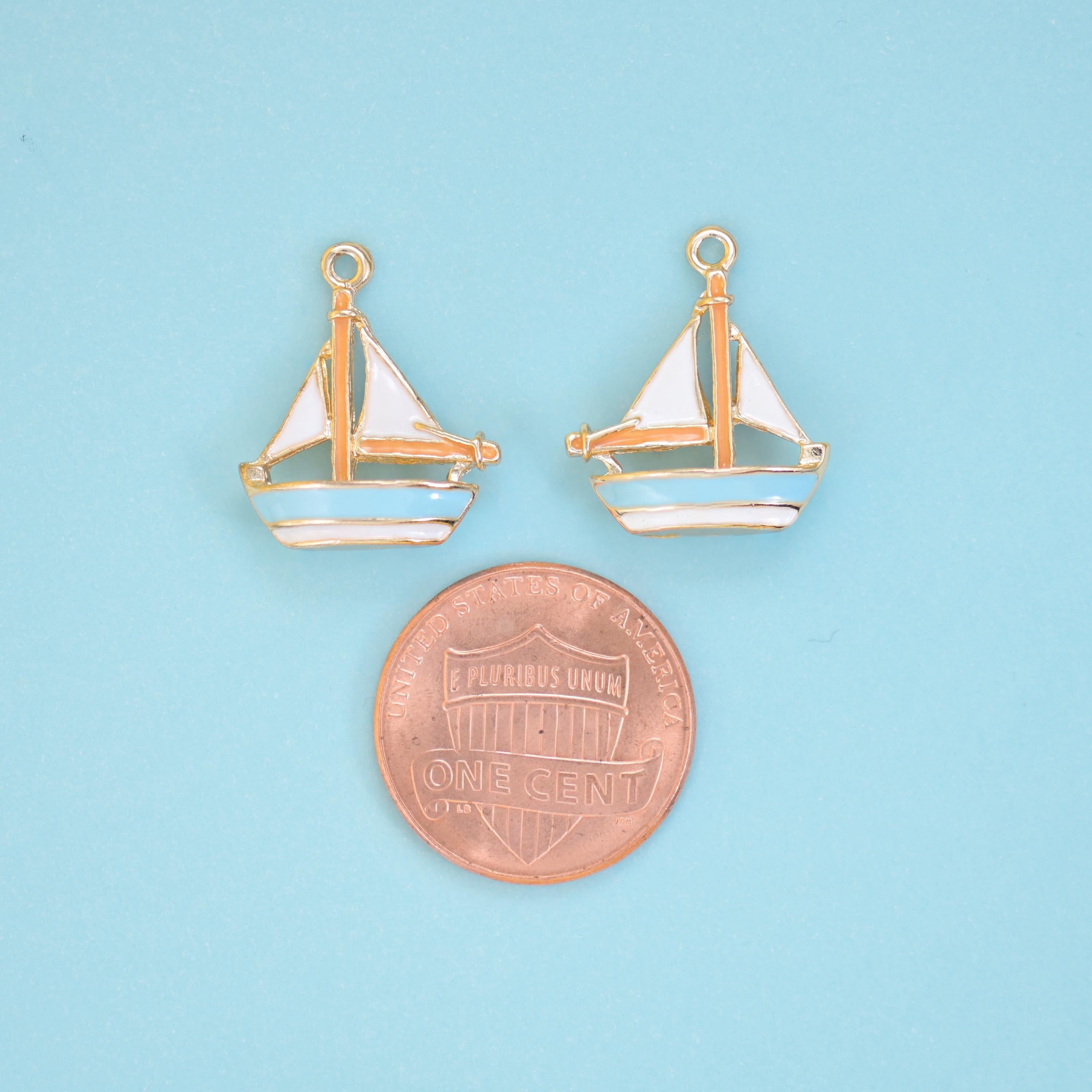 Enamel Sailboat Charm 19x15mm in white and pale blue with gold mast and rigging