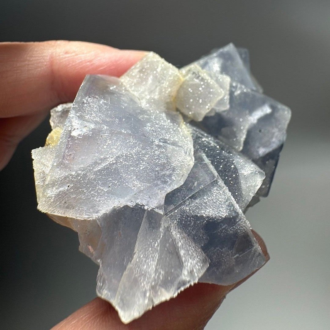The 6.3 oz fluorite cluster cradled in a hand, giving a sense of its palm-sized scale
