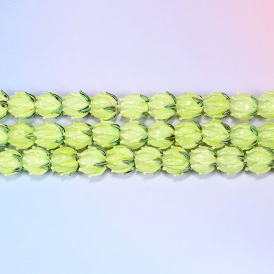 Tulip flower bud lampwork glass beads in lime green with green leaf detail