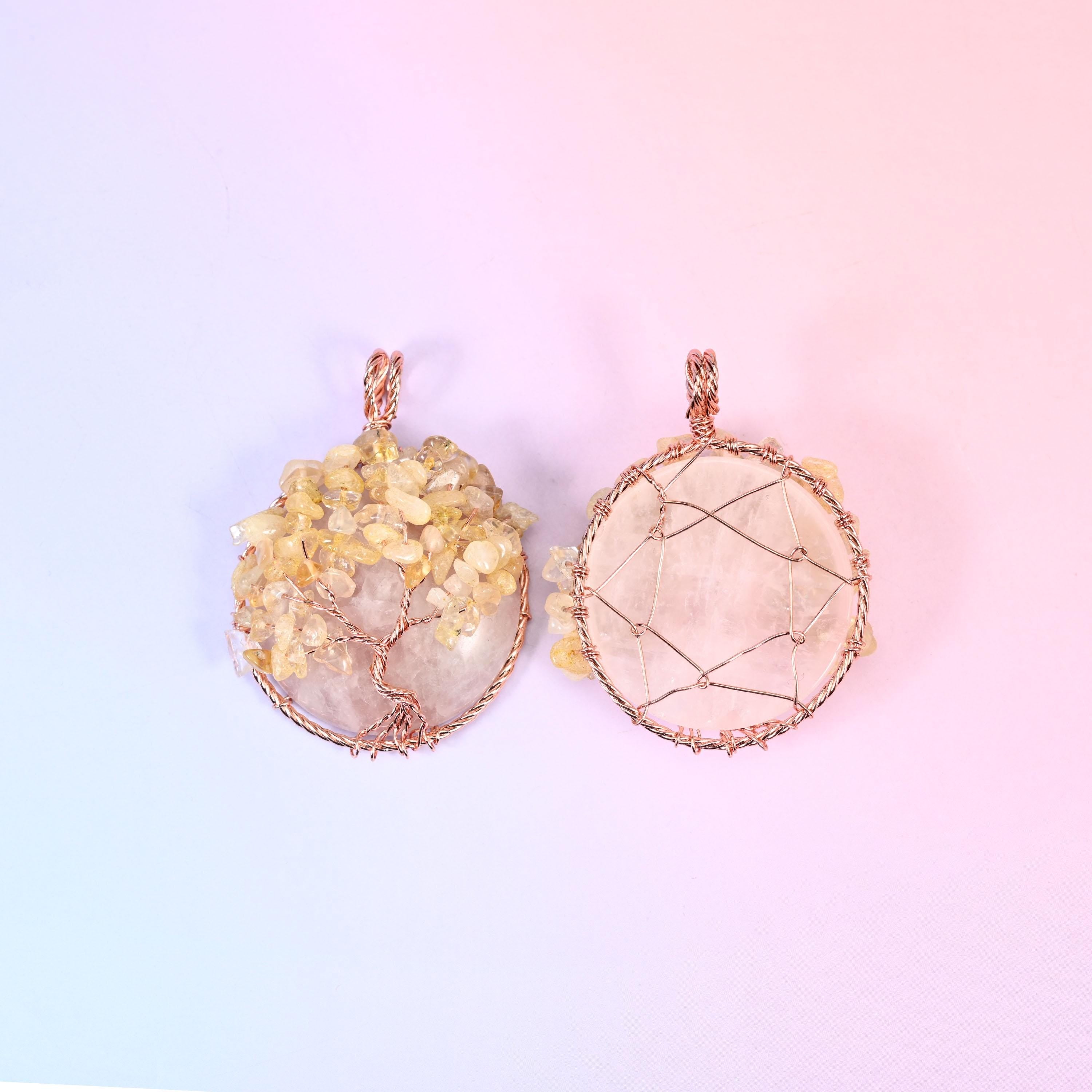 Copper wired tree of life pendant, gemstone disc, round, 60x45mm