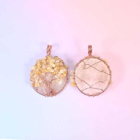 Copper wired tree of life pendant, gemstone disc, round, 60x45mm