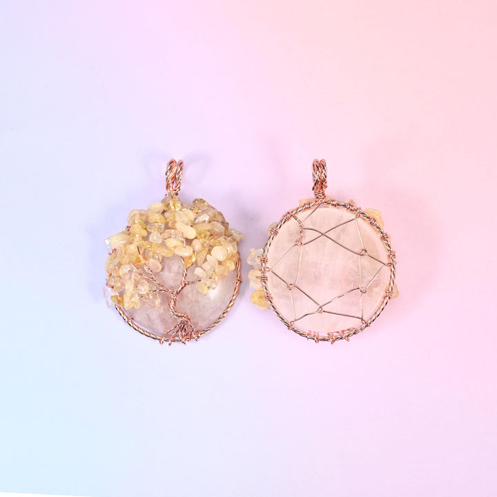 Copper wired tree of life pendant, gemstone disc, round, 60x45mm