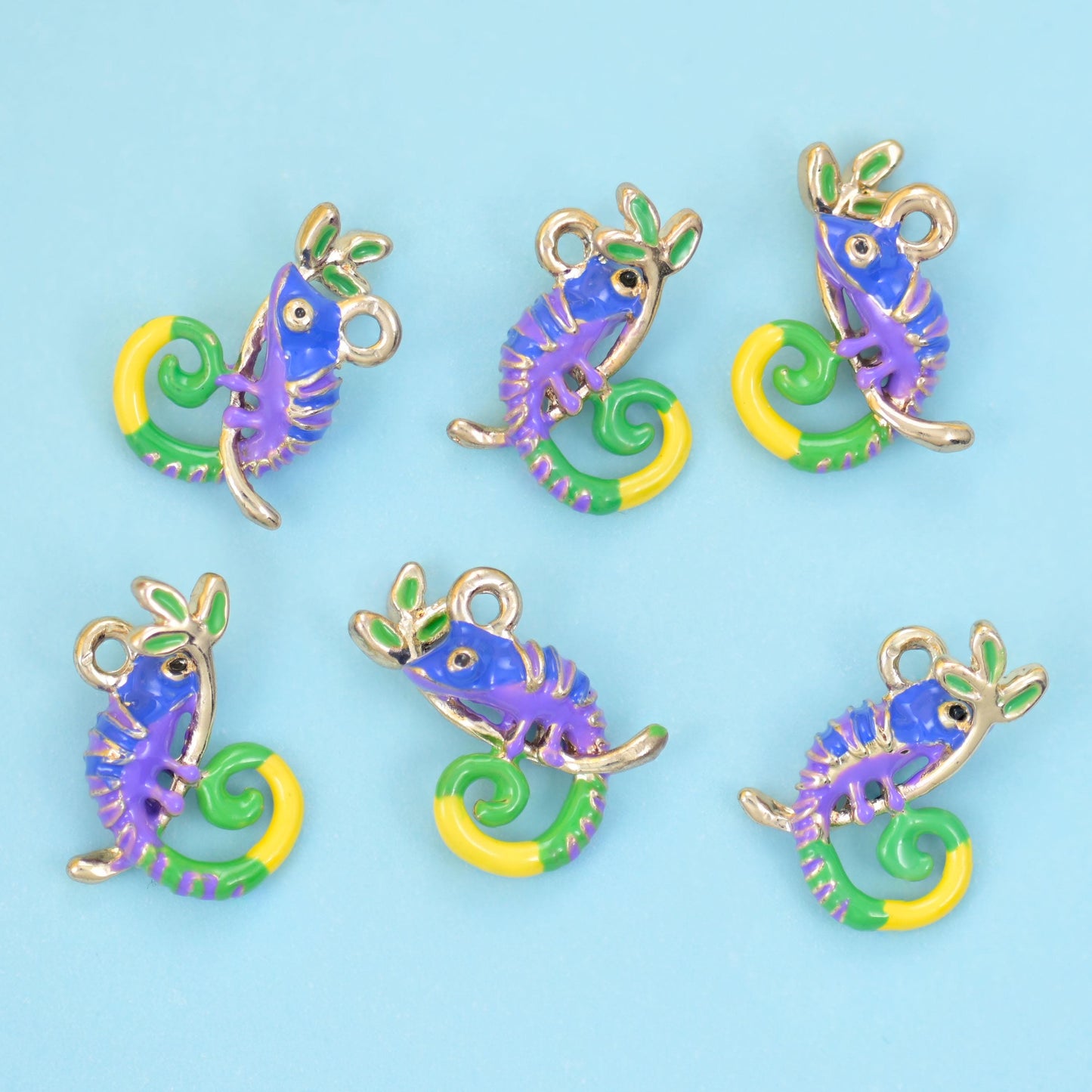 Enamel Chameleon Charm 18K Gold Filled 15x10mm in violet, coral pink, lime green and yellow