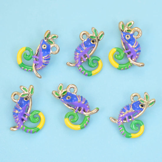 Enamel Chameleon Charm 18K Gold Filled 15x10mm in violet, coral pink, lime green and yellow
