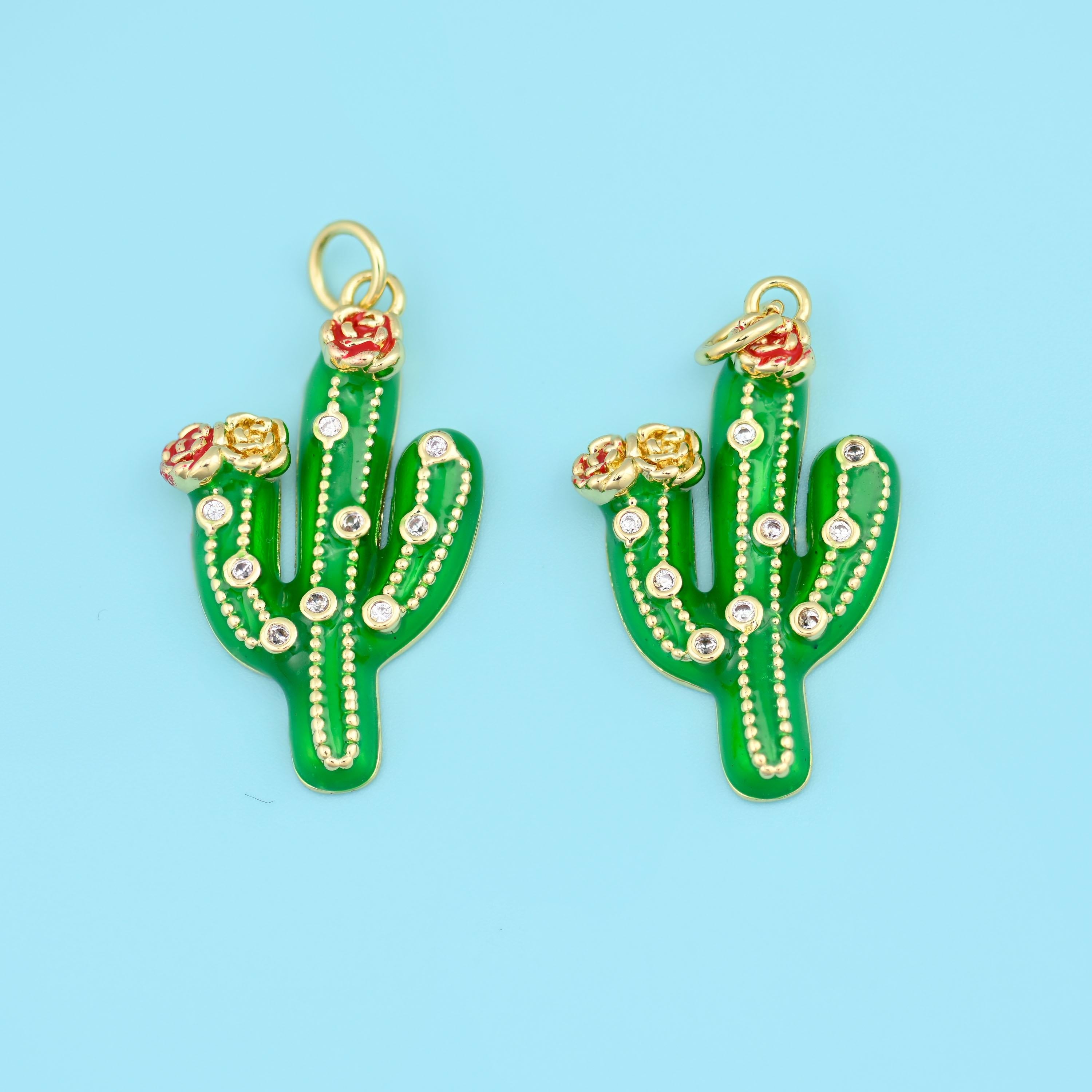 18K Gold Filled Enamel Cactus Charm 27x16mm, 1 Piece