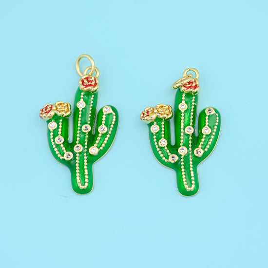 18K Gold Filled Enamel Cactus Charm 27x16mm, 1 Piece