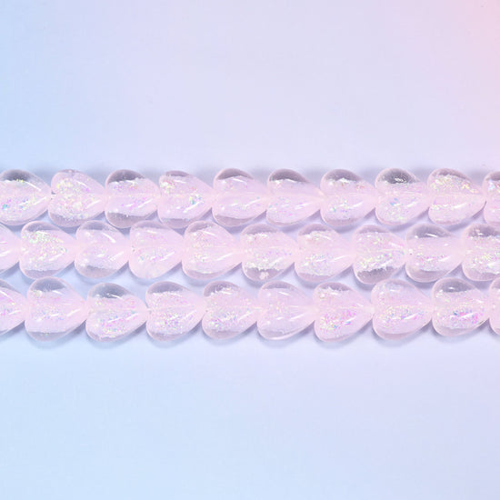 Iridescent Pink Heart Glass Beads, 16x15mm, 24pc Strand