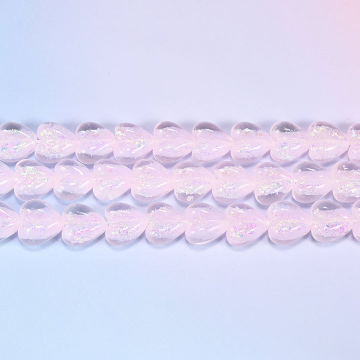 Iridescent Pink Heart Glass Beads, 16x15mm, 24pc Strand