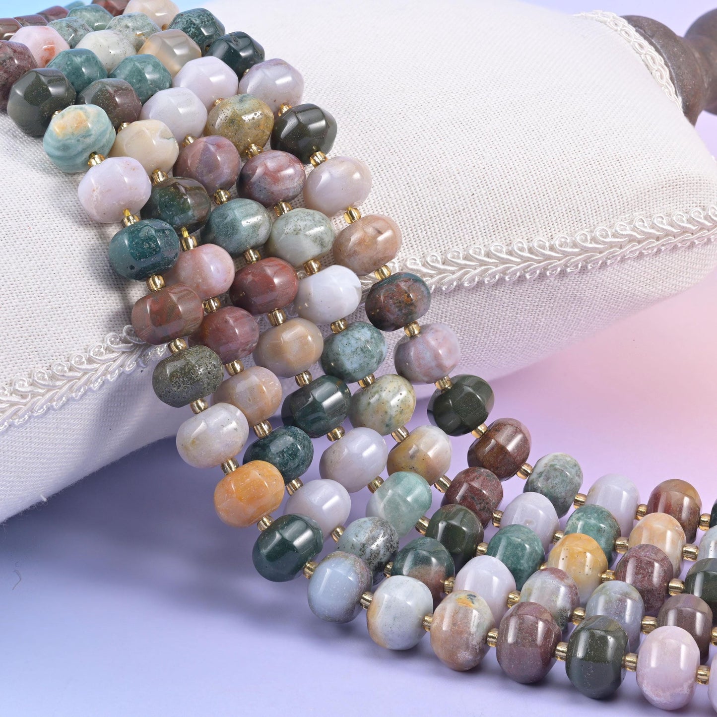 Indian Agate Smooth Pumpkin Beads, natural stone in green, brown, cream and rust tones