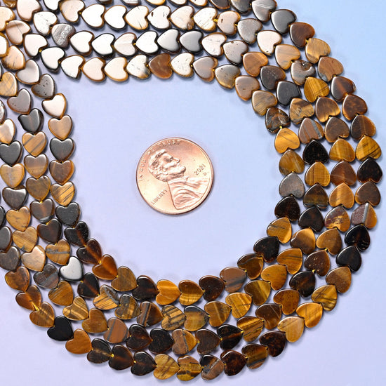 Tiger Eye Flat Heart Beads, honey gold and dark coffee banding with a silky chatoyant sheen