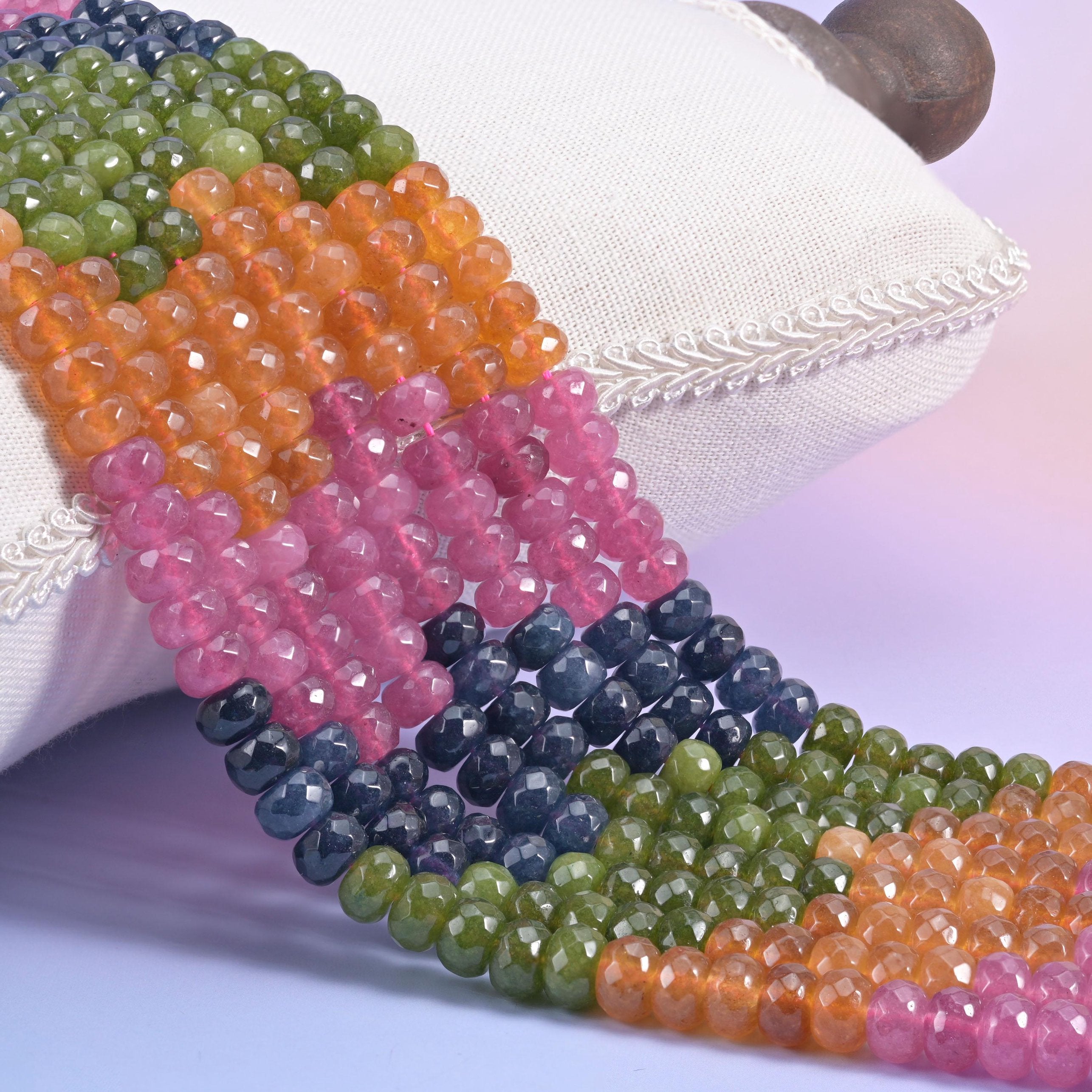 Tourmaline Color Dyed Jade faceted rondelle beads, colour-blocked in olive green, apricot, rose pink and navy