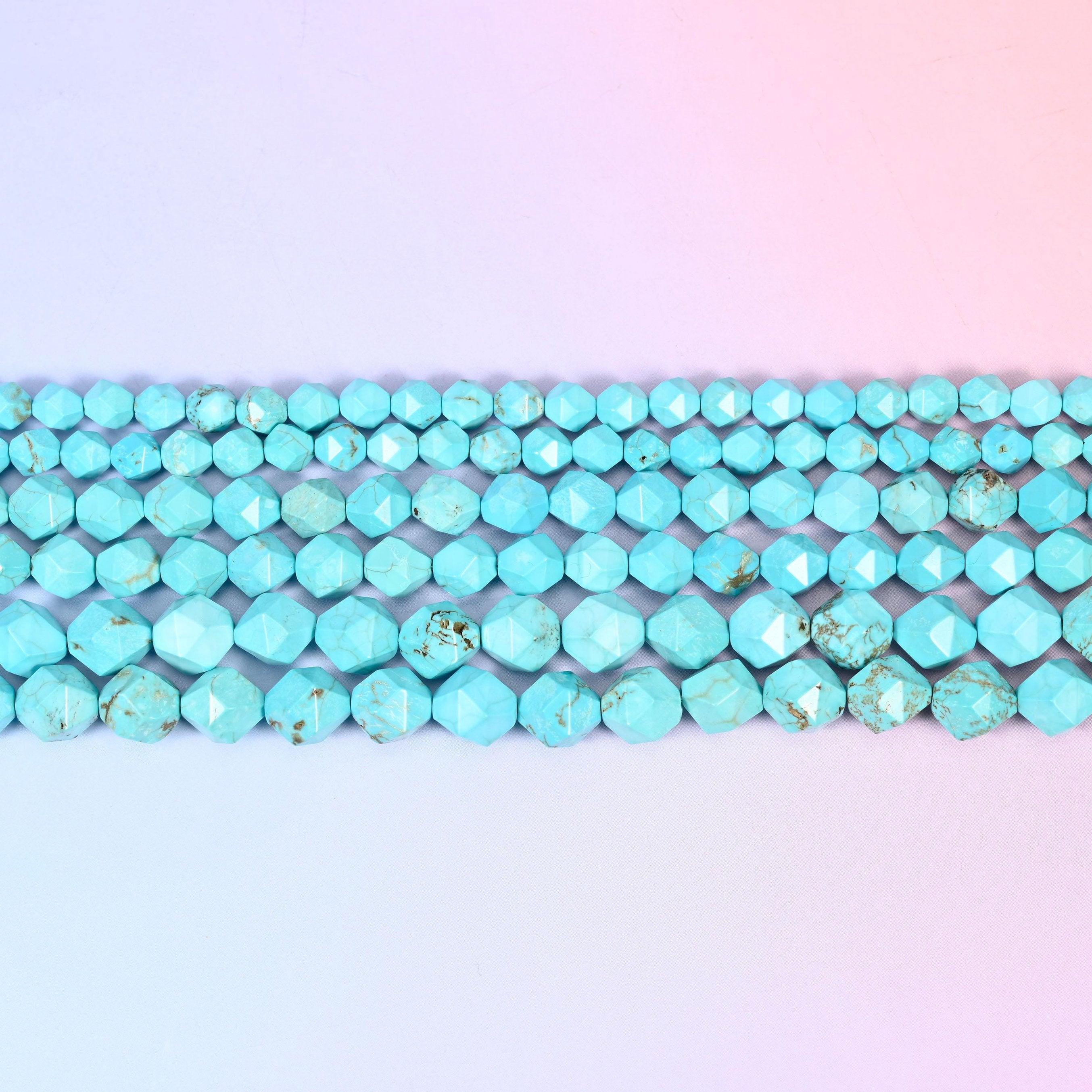Dyed Blue Howlite Faceted Diamond Star Cut Beads in bright turquoise blue with grey-brown matrix veining