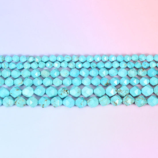 Dyed Blue Howlite Faceted Diamond Star Cut Beads in bright turquoise blue with grey-brown matrix veining