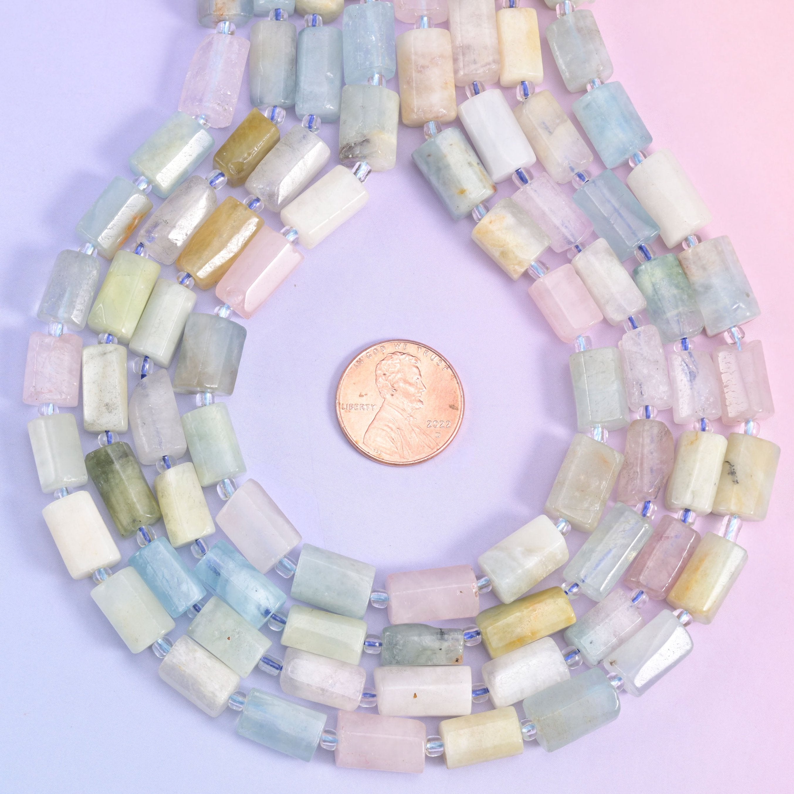 Natural Multi-Color Morganite faceted tube cylinder beads with a modern faceted shape