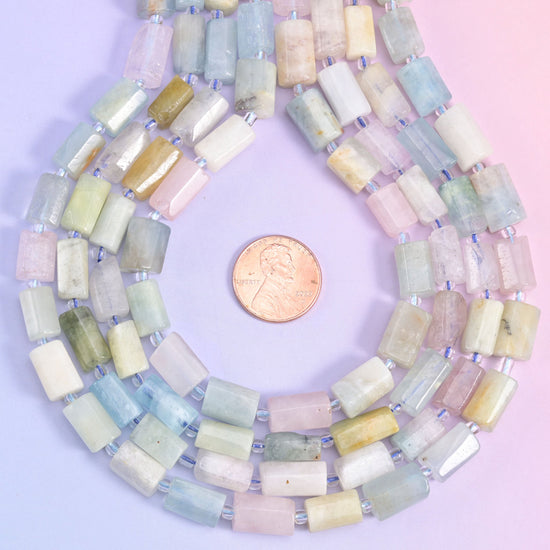 Natural Multi-Color Morganite faceted tube cylinder beads with a modern faceted shape