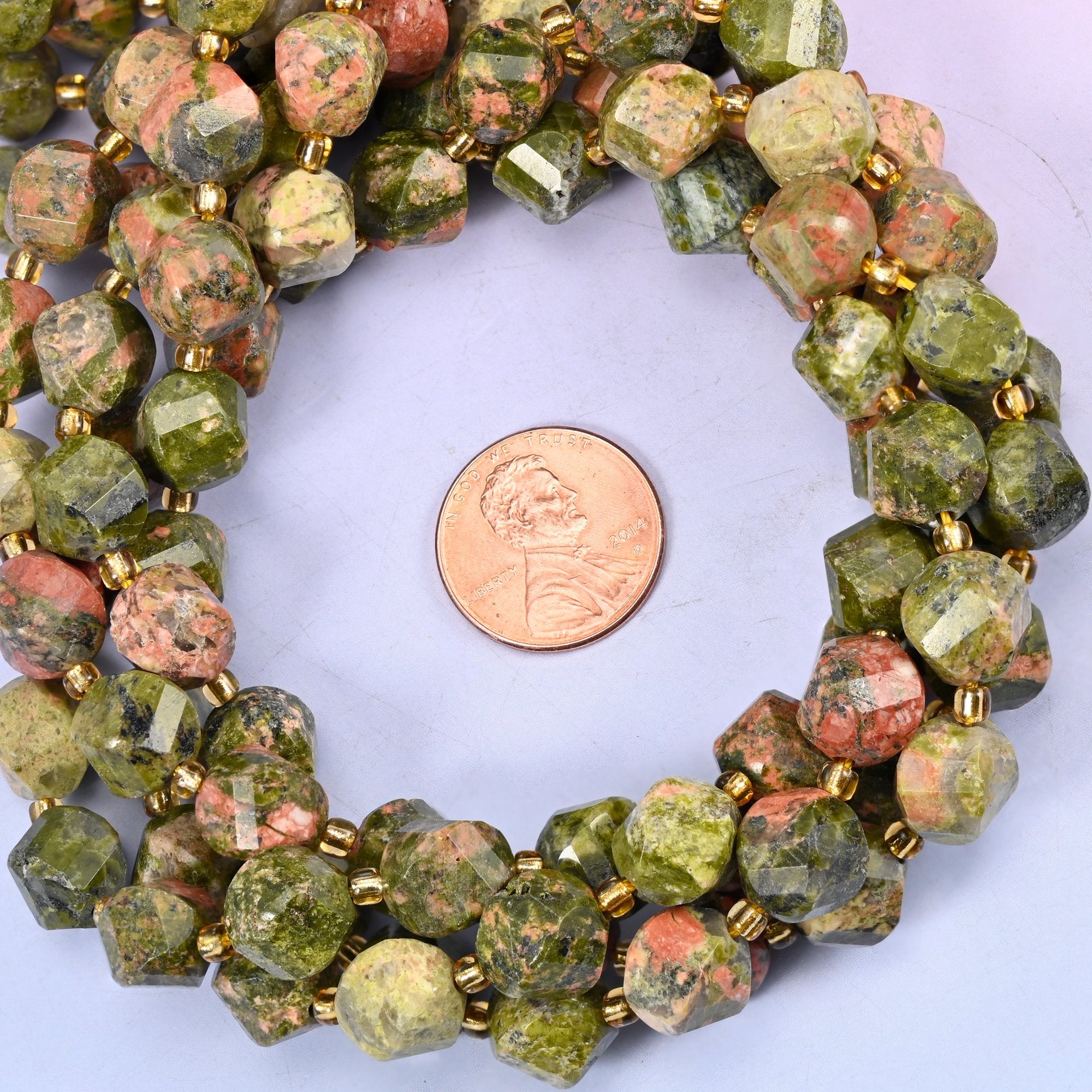 Unakite natural stone beads, 10mm spiral twist, 15 inch strand for beading