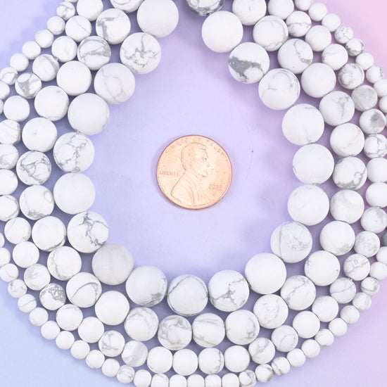 White howlite matte round beads, approximately 37 to 84 beads per strand depending on size