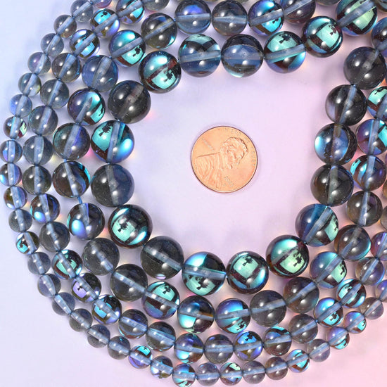 Iridescent Gray Round Glass Beads, sold per 15 inch strand