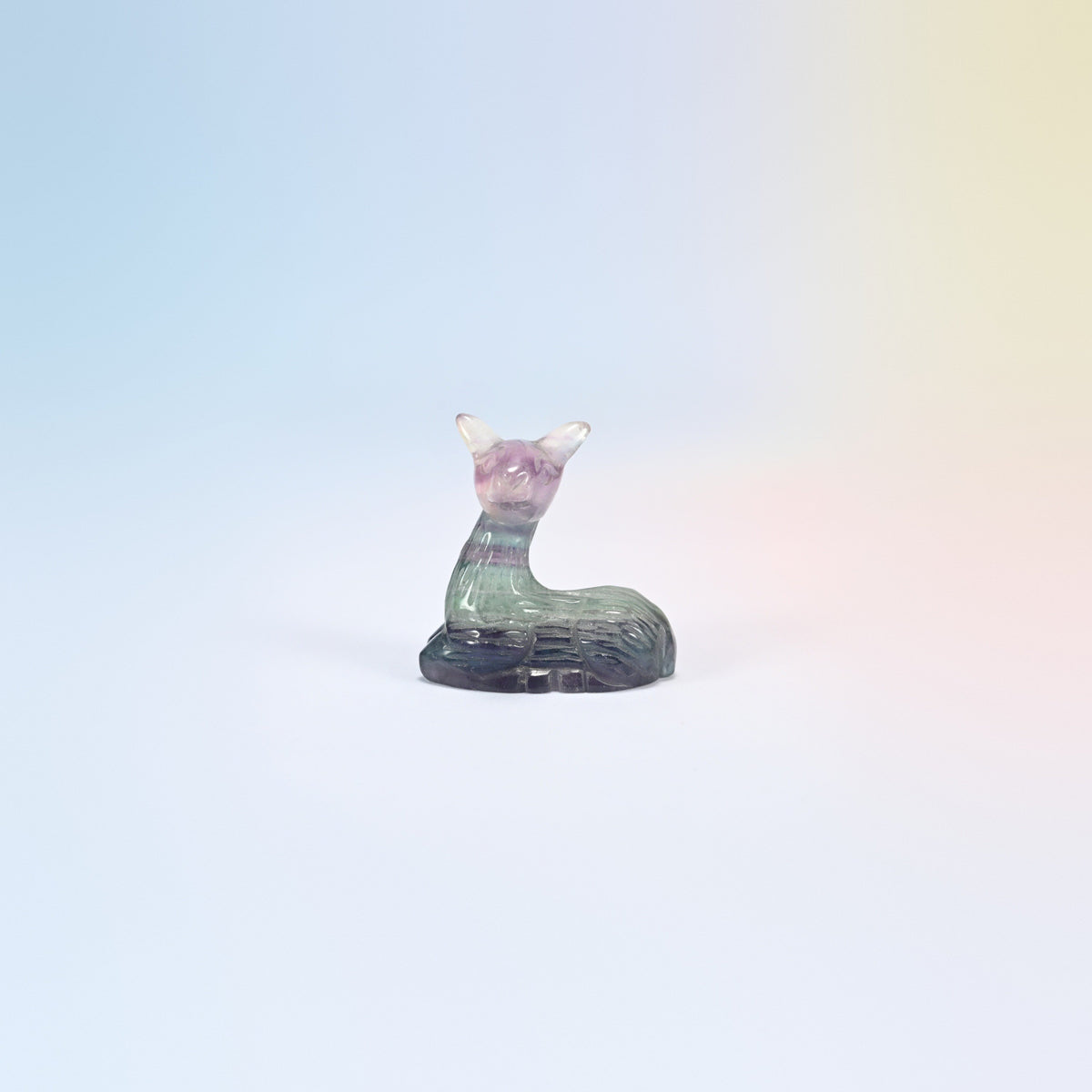 Natural rainbow fluorite deer carving, 2 inch, pink purple head and green body